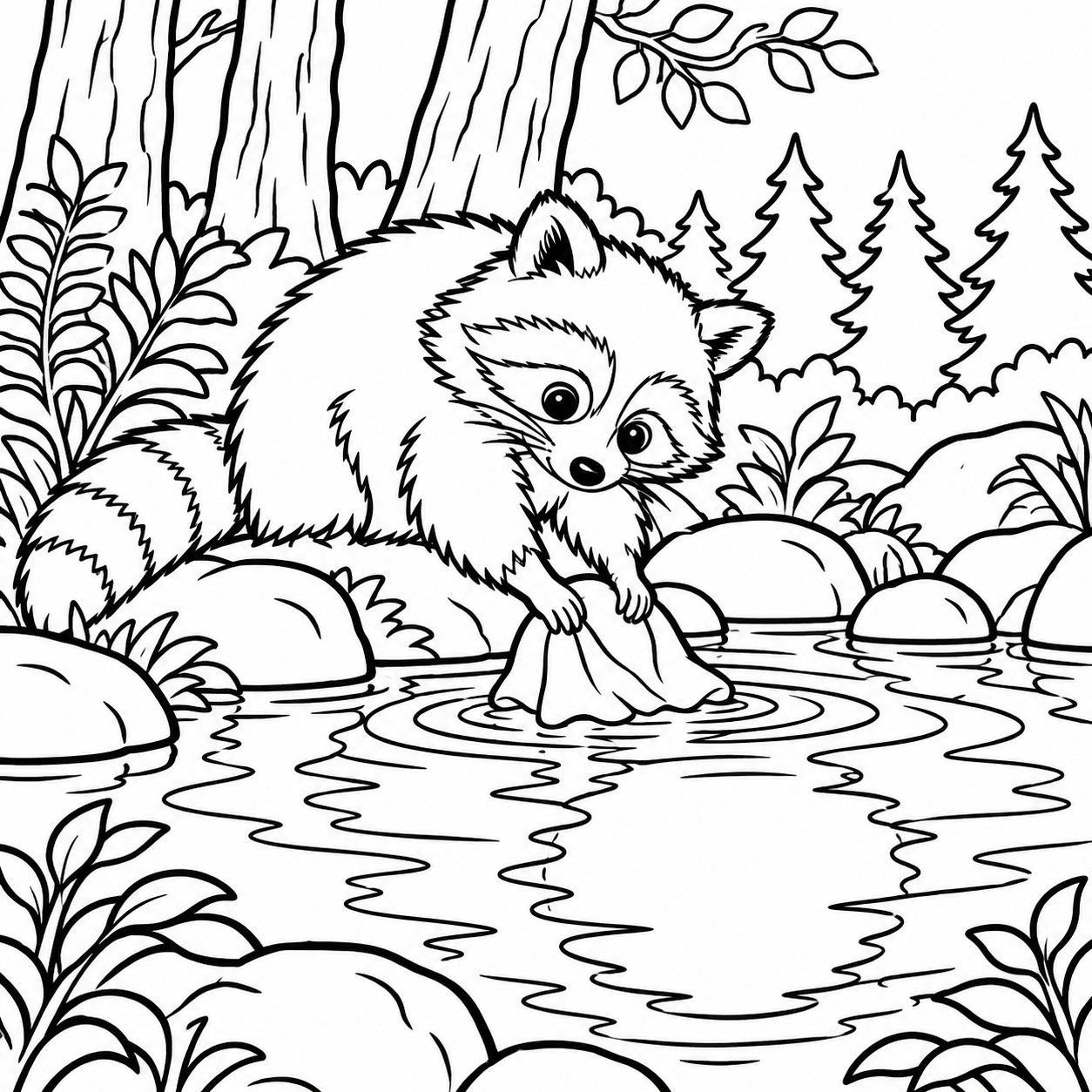 Dibujo para colorear de El mapache y la luna en el agua