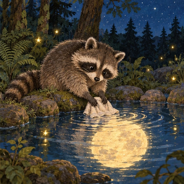 El mapache y la luna en el agua